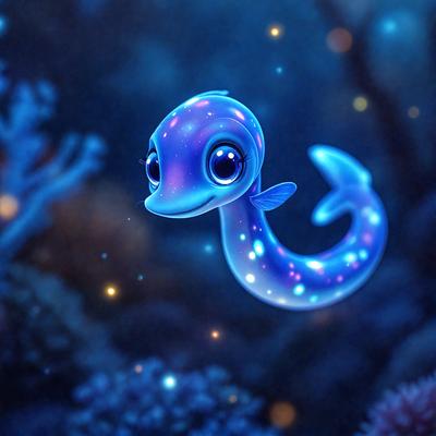 The primary subject of the image is a cartoon-like, blue, glowing dolphin. The dolphin is floating in a blue ocean, surrounded by a few other blue objects. The setting appears to be a nighttime underwater scene, with a few stars visible in the background. The visual style of the image is a combination of digital art and illustration, creating a whimsical and imaginative atmosphere. The dominant colors in the image are blue and purple, with a few other colors like green and orange